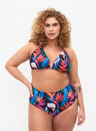 Zizzi Bikinibroekje met print en hoge taille, Bright Leaf, Model image number 0