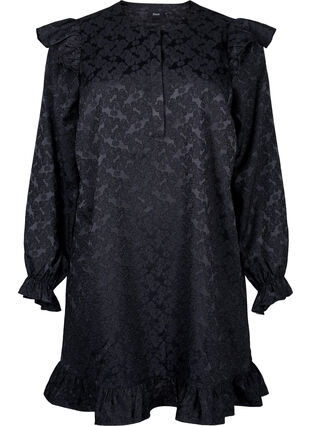 Zizzi Jacquard jurk met lange mouwen en ruches, Black, Packshot image number 0