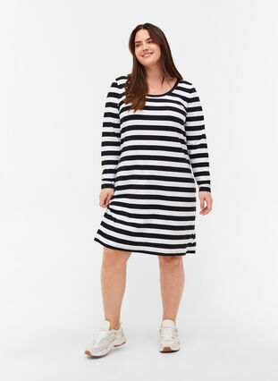 Zizzi Gestreepte katoenen jurk met lange mouwen, Black w. White, Model image number 3