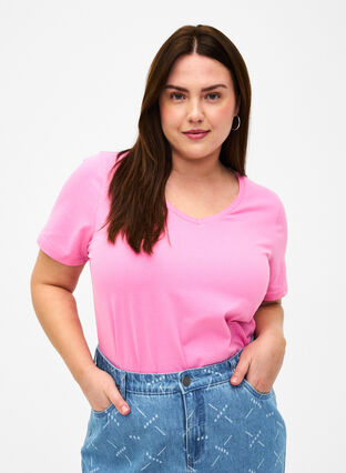Zizzi Basic t-shirt in effen kleur met katoen, Rosebloom, Model image number 0