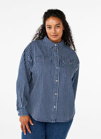 Gestreept denim overhemd met borstzakken, Blue Denim Stripe, Model