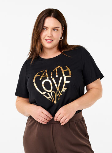 Zizzi FLASH - T-short met motief, Black Gold Faith, Model image number 0