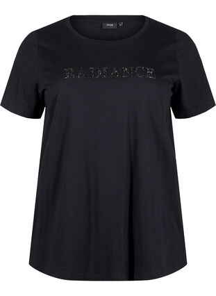 Zizzi Katoenen T-shirt met strasmotief, Black w. Radiance, Packshot image number 0