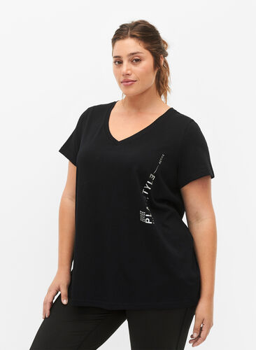 Zizzi Katoenen sportshirt met print, Black w. Playstyle, Model image number 0