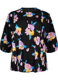 Gebloemde blouse met ronde hals en ritssluiting, Black w. Flower AOP