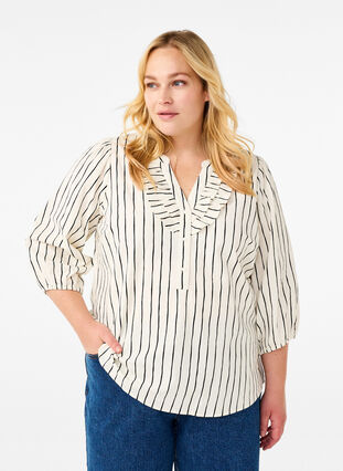 Zizzi Katoenen blouse met 3/4 mouwen en strepen, Eggnog Black Stripe, Model image number 0