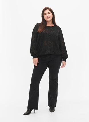 Zizzi Jacquard blouse met smokwerk, Black, Model image number 2