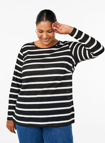 Zizzi Blouse met strepen en lange mouwen, Black Sand Stripe, Model image number 0