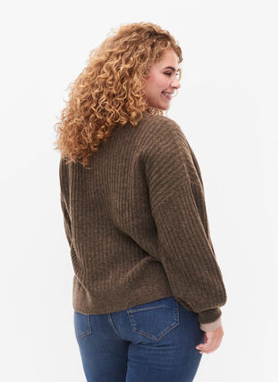 Zizzi Ribgestikte cardigan met knopen, Brown Mel., Model image number 1