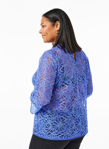 Zizzi Kanten blouse met ronde hals en lange mouwen, Dazzling Blue, Model image number 1