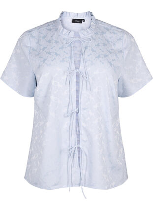 Zizzi Jacquard blouse met korte mouwen en strikjes, Ancient Water, Packshot image number 0