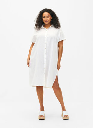 Zizzi Lang shirt van katoenmix met linnen, Bright White, Model image number 0