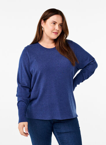 Zizzi FLASH - Gebreide blouse met ronde hals, Estate Blue Mel., Model image number 0