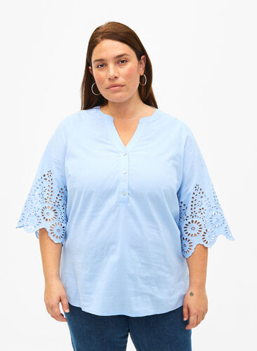 Zizzi Shirt blouse met broderie anglaise en 3/4-mouwen, Serenity, Model image number 0