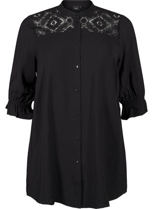 Zizzi Lang viscose shirt met kanten detail, Black, Packshot image number 0