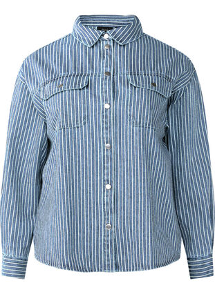 Zizzi Effen denim overhemd met borstzakken, Light B.Denim Stripe, Packshot image number 0