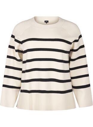 Zizzi Gestreepte gebreide blouse met ronde hals, Birch w. Black, Packshot image number 0