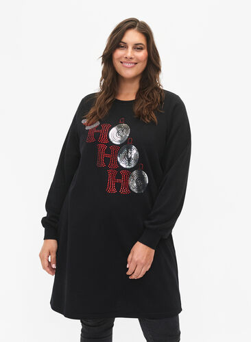 Zizzi Kerst sweaterjurk, Black HO HO HO, Model image number 0