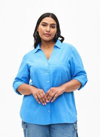 Shirt blouse met knoopsluiting van katoen-linnenmix, Marina, Model