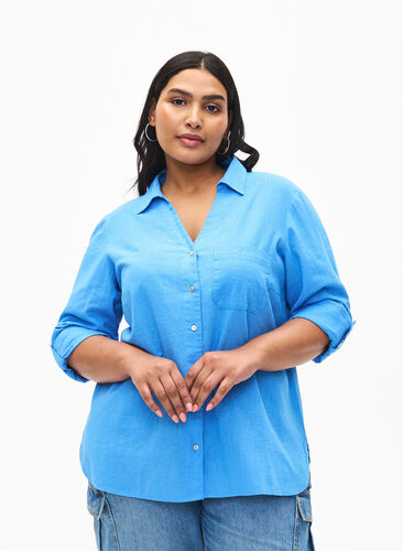 Zizzi Shirt blouse met knoopsluiting van katoen-linnenmix, Marina, Model image number 0
