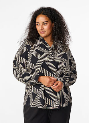 Zizzi Blouse met lange mouwen en V-hals, BLACK BEIGE GRAPHIC, Model image number 0