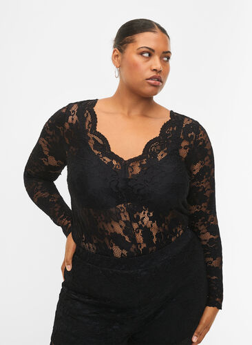 Zizzi Kanten blouse met V-hals en lange mouw, Black, Model image number 0