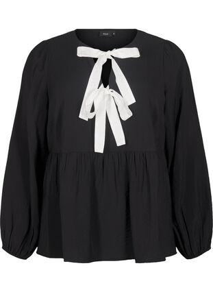 Zizzi Viscose blouse met strikjes en lange mouwen, Black White Bow, Packshot image number 0