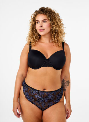 Zizzi G-string met contrasterende kanten rand, Black w Blue , Model image number 0