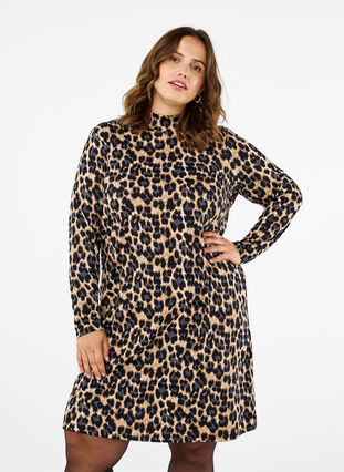 Zizzi FLASH - Jurk met lange mouwen en col, Leopard Print, Model image number 0