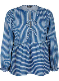 Gestreepte denim blouse met strik aan de voorkant, Blue Denim Stripe