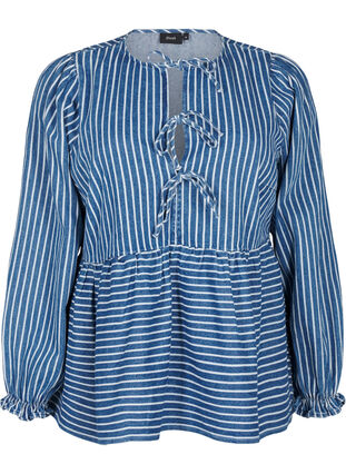 Zizzi Gestreepte denim blouse met strik aan de voorkant, Blue Denim Stripe, Packshot image number 0
