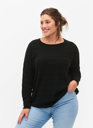 Zizzi Gebreide blouse met ton-sur-ton strepen, Black, Model image number 0