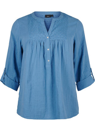 Zizzi Katoenen blouse met broderie anglaise en 3/4 mouwen, Riverside, Packshot image number 0