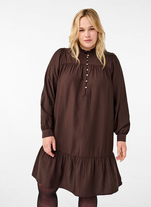 Zizzi Korte jurk met kraag met ruches, Seal Brown, Model image number 0