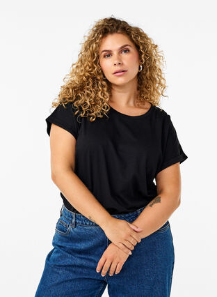 Zizzi T-shirt met korte mouwen van katoenmix, Black, Model image number 0