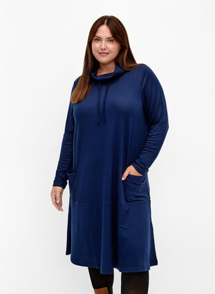 Zizzi Jersey-jurk met hoge hals en zakken, Dress Blues Mel., Model image number 0