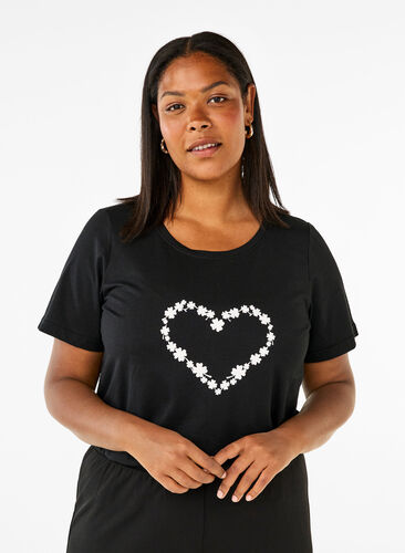 Zizzi FLASH - T-shirt met motief, Black Flower Heart , Model image number 0