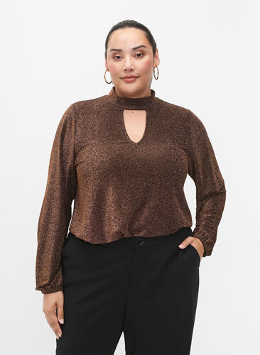 Zizzi Glitter blouse met lange mouwen, ronde hals en V-detail, Black Copper, Model image number 0