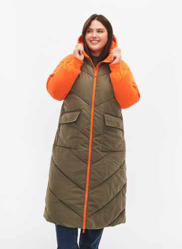 Zizzi Lange kleurblokken winterjas met capuchon., Bungee Cord Comb, Model image number 0