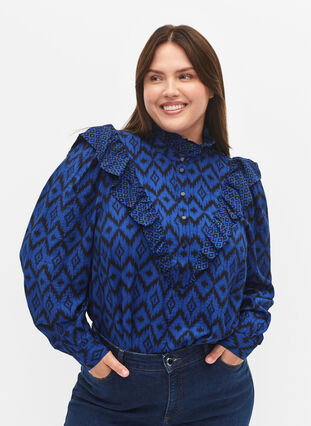 Zizzi Viscose shirt blouse met franjes, True blue w. Black, Model image number 0