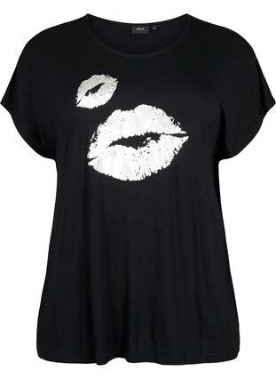 Zizzi T-shirt met korte mouwen van viscose en opdruk, Black W. Lips, Packshot image number 0