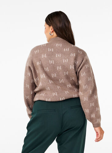 Zizzi Gebreide blouse met hoge hals en patroon, Walnut Mel. Comb, Model image number 1