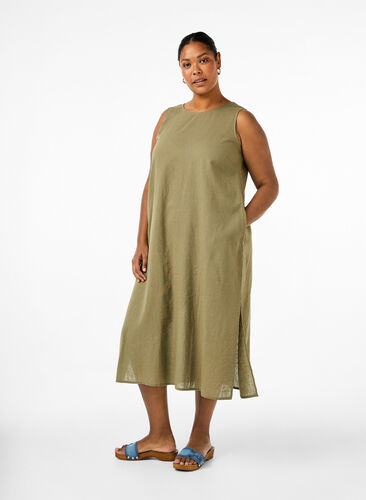 Zizzi Mouwloze jurk van katoenmix met linnen, Deep Lichen Green, Model image number 0