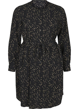 Zizzi Jurk met lange mouwen en trekkoord, Black w. Dot AOP, Packshot image number 0