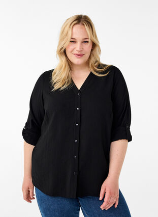 Zizzi Viscose overhemd blouse met driekwart mouwen., Black, Model image number 0