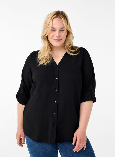 Zizzi Viscose overhemd blouse met driekwart mouwen, Black, Model image number 0