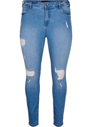 Zizzi Amy jeans met super slim fit en ripped details, Blue denim, Packshot image number 0