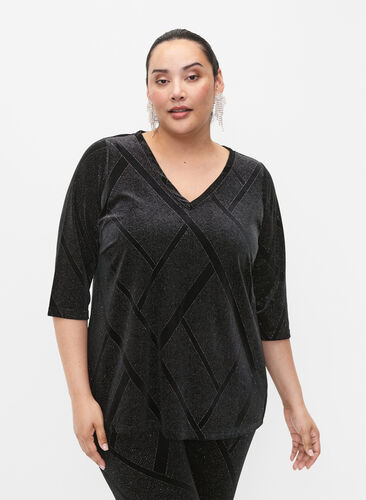 Zizzi Velours blouse met glitter en 3/4 mouwen, Black, Model image number 0