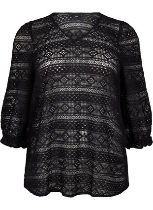 Zizzi Blouse met gatenpatroon en 3/4 mouwen, Black, Packshot image number 0