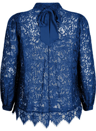 Zizzi Kanten blouse met strikdetail, Estate Blue, Packshot image number 1